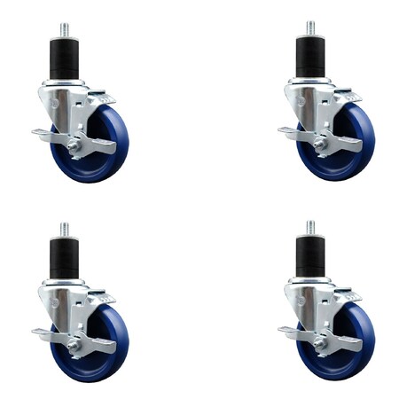 Service Caster 4'' SS Solid Poly Swivel 1-3/4'' Expanding Stem Caster Set with Brake, 4PK SCC-SSEX20S414-SPUS-TLB-134-4